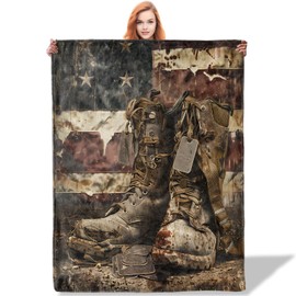 Plistiz Worn Combat Boots Veterans Throw Blanket 50"x60", War Memories Theme Blankets for Living Room Couch, Home Decor, Soft Flannel Veteran Gifts for Adults and Men