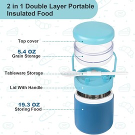 2 in 1 Double Insulated Food Jar with Folding Spoon，Leak Proof Thermo for Hot & Cold Food, Portable Wide Mouth Thermo Insulated Container Stainless Steel for Kids Adults