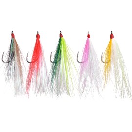 Bucktail Teasers Fishing Hook Saltwater Fishing Jig Hooks 5pcs Teaser Lures High Carbon Steel Hook with Crystal Flash Feather Fluke Rig Fly Fishing Bass Sea Lures