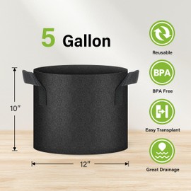 HealSmart 5 Gallon 10 Pack Plant Grow Bags, Tomoato Planter Pots with Handles, Aeration Nonwoven Fabric, Heavy Duty Gardening Planter for Vegetable, Herbs and Flowers, Black