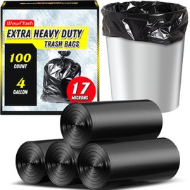 Wowflash 100 Count 17 Micron Extra Heavy Duty 4 Gallon Trash Bags, Sturdy & Tear-Resistant Small Trash Bags for Bathroom & Kitchen