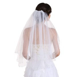 SAMKY 2T 2 Tier Crystal Beaded Scalloped Bridal Veil - Light Ivory Fingertip 36" V348 SK