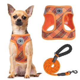 BEAUTYZOO Step in Dog Harness and Leash Set, Reflective Dog Harness No Pull No Choke Puppy Harness for Extra Small Dogs Cats, Soft Padded Mesh Vest Harnesses for Girl and Boy Pets, Orange Plaid XS