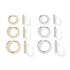 PAVOI 18K Gold Plated 925 Sterling Silver Post, 6 Pairs Small Gold Hoop Earrings Set | White & Yellow Pack Mini Cartilage Helix Huggie Hoops for Women Men 8mm 10mm 12mm