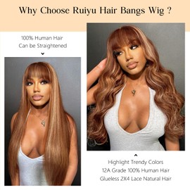 Ruiyu Ombre Highlight Human Hair Wig with Bangs 2x4 HD Lace Front Closure Body Wave Wear and Go Glueless Highlights 4/27 Honey Blonde Brown Colored Human Hair Wigs for Black Women 20 Inch