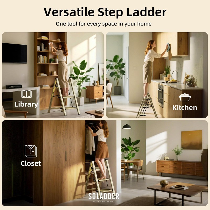 SOLADDER 3 Step Ladder, Anti-Slip and Lightweight Foldable Step Ladder