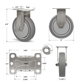 NINOSO 5" Caster Wheels, Stainless Steel Casters Set of 4 Heavy Duty, Anti-Corrosion Rubber Industrial Caster Wheels for Hospitals Food Labs(4 Rigid)