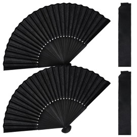 2 Pcs Folding Hand Fan, Black Nylon-Cloth Vintage Retro Fabric Fans Hand Held Fan Chines/Spanish Foldable Fan for Men/Women Wedding Party Favor Performance Dance Home Decorations Festival Gift