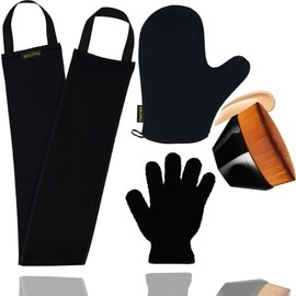 Paquete de 4 aplicadores de guantes autobronceadores, con guante de autobronceado, mini guante de bronceado facial, aplicador de bronceado trasero, guante exfoliante, para manos libres de manchas y sin tensión autobronceadas (con cepillo de maquillaje)
