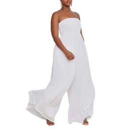 Ophestin Women's Strapless Tube Wide Leg Jumpsuits Smocked Women Jumpsuits Dressy Casual Flowy One Piece Jumpsuits Rompers White M