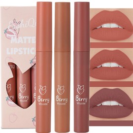 Nude Matte Lipstick Set, Lip Gloss Sets Liquid Lipsticks Long-Lasting Non Stick Cup, Pink Moisturizing Waterproof Smooth Velvet Lip Stain for Women Makeup(3Pcs)