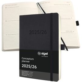 SIGEL C2606 Weekly Planner Weekly Calendar 2025/2026, Approx. A5, Black, Soft Cover, 256 Pages, Elastic Band, Pen Loop, Archive Pocket, Sustainable Paper, 18-Month Calendar, Calendar Book Conceptum