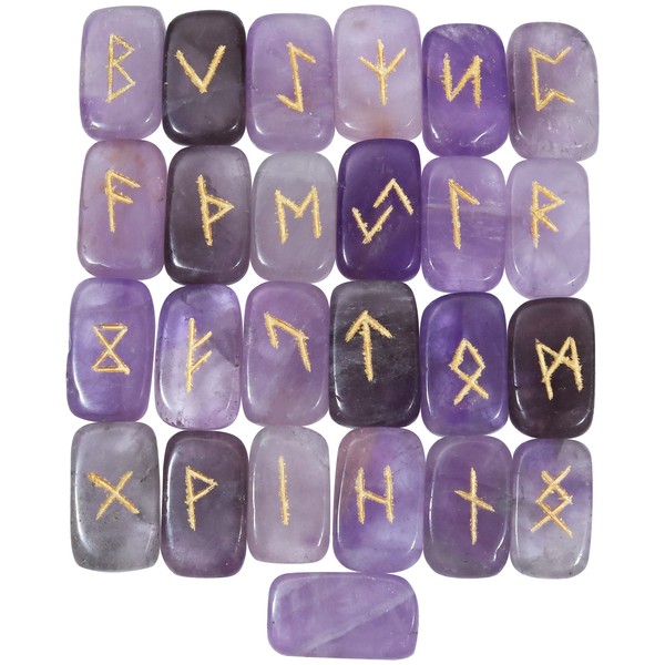 Crocon Mothers Day Amethyst Gemstone Runes with Elder Futhark Alphabet Engraved 25 pcs Rune Set Crystal Divination Healing Chakra Reiki Stones Size : 20-25mm Pouch & brochure