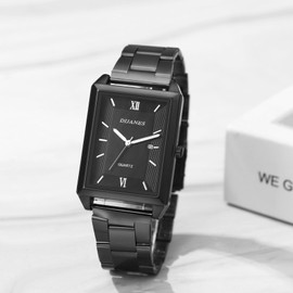 JewelryWe Womens Rectangular Wrist Watch: Analog Quartz Gold Sliver Black Adjustable Dress Watch Date Calendar Dial Elegant Watches Gifts for Girlfriend Mother Wife