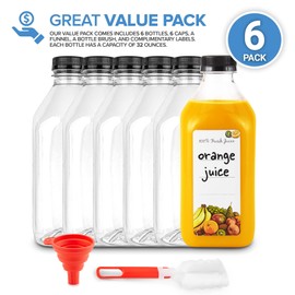 32 Oz Juice Bottles with Caps (6 Pack) - Reusable Clear Plastic Drink Containers for Mini Fridge - Water Bottles Bulk - Includes Labels, Brush & Funnel