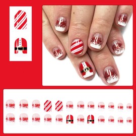Christmas Press on Nails White Short Square-ZWENJIE Winter Red Ombre Fake Nails Full Glitter French Cover Artificial Acrylic False Nail Christmas Clothes Stripe Designs Xmas Holiday Glue on Nail 24PCS