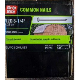 Grip-Rite 5 Lbs Grip Rite Smooth Shank 12D 3-1/4" Common Nails Exterior Galvanized. 12HGC5