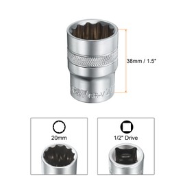 HARFINGTON 1/2" Drive by 20mm 12-Point Shallow Socket 38mm Length Metric Spline Socket