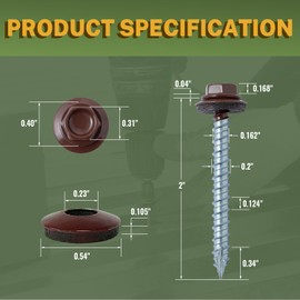LIONMAX Metal Roofing Screws #10 × 2 Inch, 300-PCS, Brown Painted Hex Head Sheet Metal Roof Screws, Rubber Washer, Sharp Point, Metal to Wood Siding Screws, Hex Socket Included