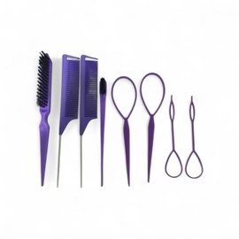 Set de Herramientas para Peinado, Color Rosa, Peine de Cola, Lazos Topsy, Cepillo de Borde, 7 Piezas + REGALO SORPRESA (MORADO)