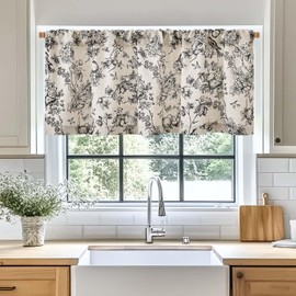 Vangao Linen Blend Valance Curtain Farmhouse Floral Small Window Curtain Light Filtering for Kitchen Rustic Valance for Living Room Bedroom Rod Pocket 1 Panel Black on Beige