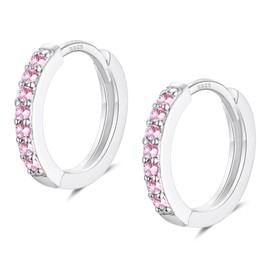 Silver Hoop Earrings for Women, Sterling Silver Small Huggie Hoop Earrings | Hypoallergenic Pink Cubic Zirconia Hoops Earrings Jewellery Gifts for Girls Birthday Wedding