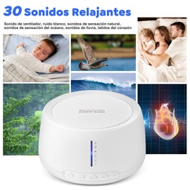 Máquina de ruido blanco, Máquina portátil de sonidos para bebés, 30 Opciones de Sonidos Relajantes y Tranquilizadores de Seis Escenas, Terapia de Sueño Portátil para el Hogar, la Oficina, viaje, el Bebé y adultos, Alimentada, Temporizador de Apagado Auto