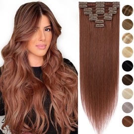Silk-co Hair Extensions Clip in Hair Extensions 8PCS 100% Real Remy Straight Human Hair Clip on Hair Exrension -Basic Thickness-Thin Weft (22inch-75g #33 Dark Auburn)