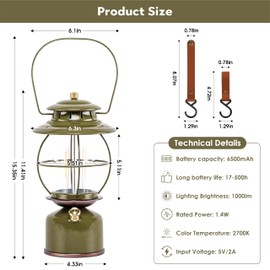 Metal Vintage LED Camping Lantern, 6800mAh Rechargeable Battery Last 17-500 Hours Camping Lamp, Large Dimmable Hanging Lantern, Retro Camping Light with Hook for Courtyard Outdoor Decoration