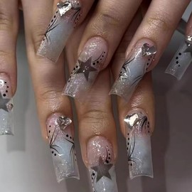 Square Press on Nails Long Fake Nails French Tip False Nails with Star Polka Dots and 3D Heart Rhinestones Designs Stick on Acrylic False Nails Y2k Manicure Nails for Women 24Pcs