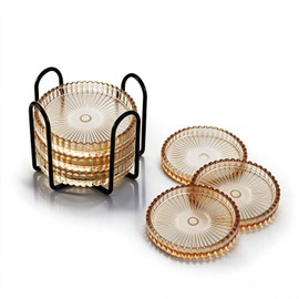 6PCS Modern Clear Coasters Glass Coasters for Drinks with Holder (Brown)