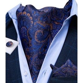 DiBanGu Mens Silk Paisley Cravat Ties Navy Blue Ascot Cravat and Handkerchief Cufflinks Formal Wedding Tie Set