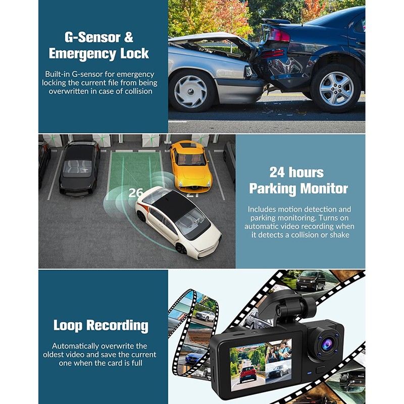 Car Traffic Recorder Night Vision 320mAh 3 Lens Front Rear