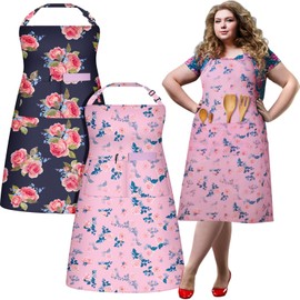 2 Pack Plus Size Floral Aprons Women Adjustable Vintage Kitchen Chef Apron with 2 Pockets for Cooking, Work, Baking, 35.43 x 39.37 Inch(Pink,Black,Floral)