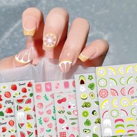Fruits Nail Art Stickers, 3D Flowers Nail Self-Adhesive Sticker Design, Lemon Watermelon Strawberry Peach Cherry Avocado Nail Transfer Decals Supplies for Women Girls Manicure Summer Decorations