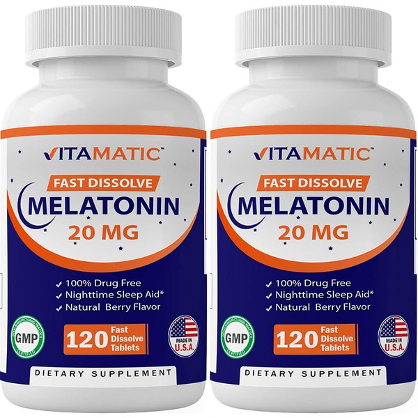 2 Pack - Vitamtic Melatonin 20mg Fast Dissolve 120 Tablets | Nighttime Sleep Aid | Natural Berry Flavor | Vegetarian, Non-GMO, Gluten Free (Total 240 Tablets)
