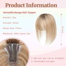SIVOTATO Human Hair Toppers for Women with Fringe 10 Inch Real HairPieces-360°3D Bangs for Thinning Hair Topper Swiss Base Medium Brown to Creamy Iced Blone（4T1016）