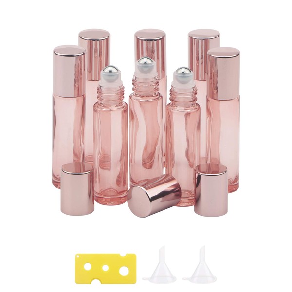 Newzoll 8Pcs Roller Bottles Set, 10ml (1/3 oz) Roller Bottles with Funnels & Opener, Glass Roll-on Bottles Vials for Perfumes Aromatherapy Essential Oils Liquid, Rose Gold