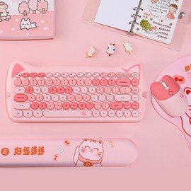 Cute Cat 2.4G USB Wireless Keyboard and Mouse Combo, Silent Keys, Candy Colors, Compatible with Notebook, PC (Pink-84Keys)
