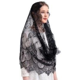 Leimandy Women's Lace Infinity Veil and Fishnet Gloves Set - Black Gothic Chapel Veil for Funeral, Cosplay Accessories V101 (Black)