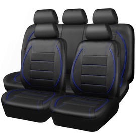 CAR PASS Universal FIT Piping Leather Car Seat Cover, for suvs,Van,Trucks,Airbag Compatible,Inside Zipper Design and Reserved Opening Holes (Full Set, Black and Blue)