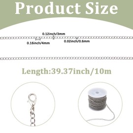 BEAMARKER 33 Feet Stainless Steel Curb Chains 3mm Silver Tarnish Resistant Extender Chain Jewelry Making Accessories for DIY Necklace Bracelet Pendant Keychain Hanging Lanyard Bag Charm