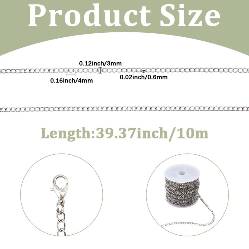BEAMARKER 33 Feet Stainless Steel Curb Chains 3mm Silver Tarnish