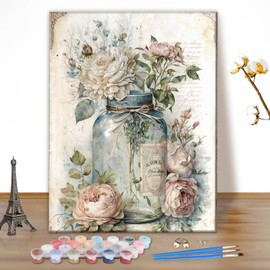 MEIYUDA Paint by Numbers Adult Vintage Flower, Paint by Numbers Craft Set, Paint by Numbers, DIY Set with Brushes and Acrylic Paints, Hand Painted Oil Painting Canvas for Home Décor, 40 x 50 cm