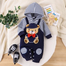 TOKIAGO 12-18 Month Boy Clothes Baby Hoodie Romper Fall Winter Long Sleeve Striped One-Piece Outfit Infant Cute Cartoon Clothing Set Bear Blue 12-18 Months