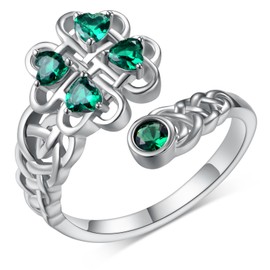 St Patricks Day Shamrock Ring 925 Sterling Silver Celtic Knot Ring Four Leaf Clover Rings for Women Clover Jewelry Gifts for Women, Sterling Silver, Cubic Zirconia