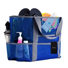 Faleto Extra Large Family Mesh Beach Bag Tote Drawstring Bag with 8 Pockets, Sand Toys Storage Bag, Folding Shoulder Bag, Grocery Storage Bag,Organizer Net Bag (Blue)
