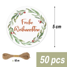 MEJOSER Pack of 50 Gift Tags Christmas Merry Christmas Gifts Tags Made of Paper Wreath Christmas Tags Labels Round with Jute String Christmas Tree Decoration