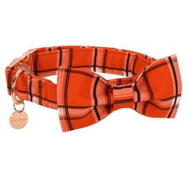 DOGWONG Fall Plaid Dog Collar with Removable Cute Bow Tie Adjustable Pet Collars, Soft Comfy Orange Plaid Pet Collar - Fall Dog Collar for Small Medium Large Dogs