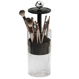 Press-Pop Automatic Lift Make Up Brush Holder Brush Organisers Cosmetic Organiser Brush with 4 Compartments Dustproof Transparent Brush Organiser for Makeup Brushes Bedroom Bathroom (Black)